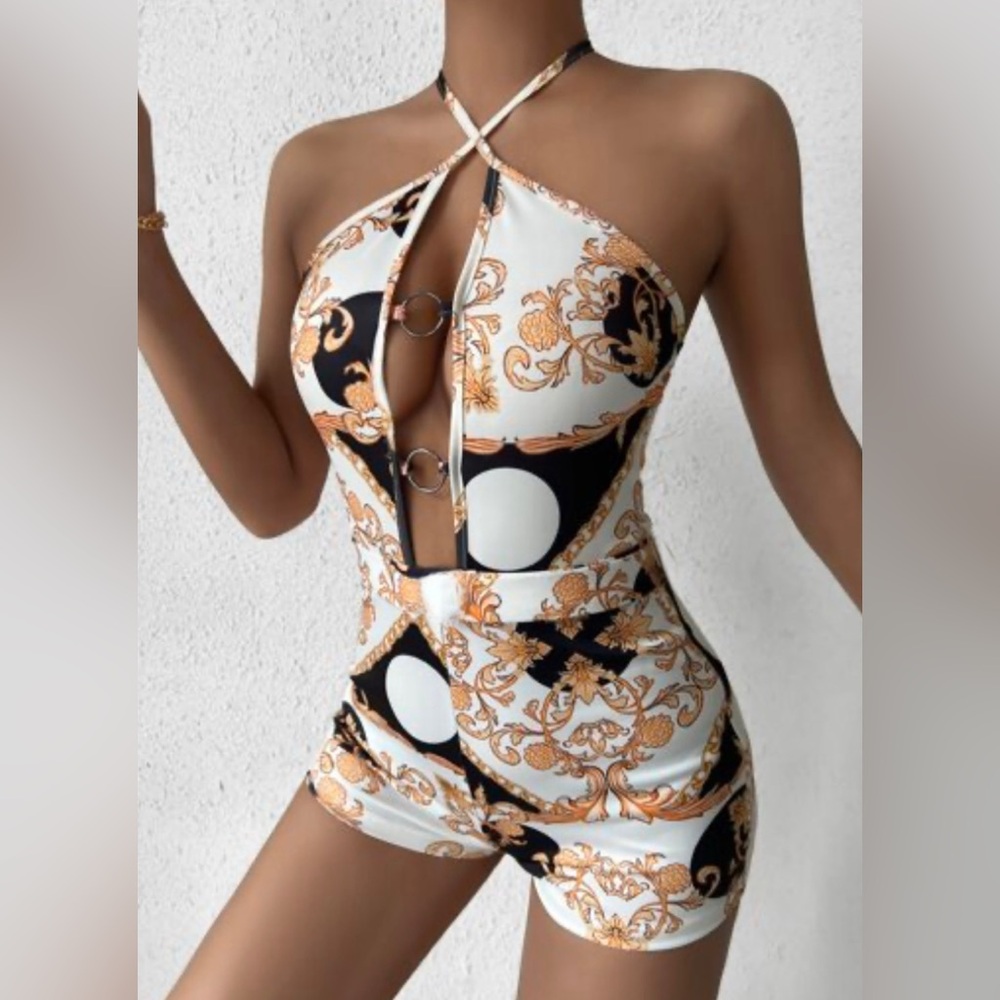 SHEIN Scroll Print Ring Linked Unitard Halter Romper Sz S Swimsuit One piece NWT